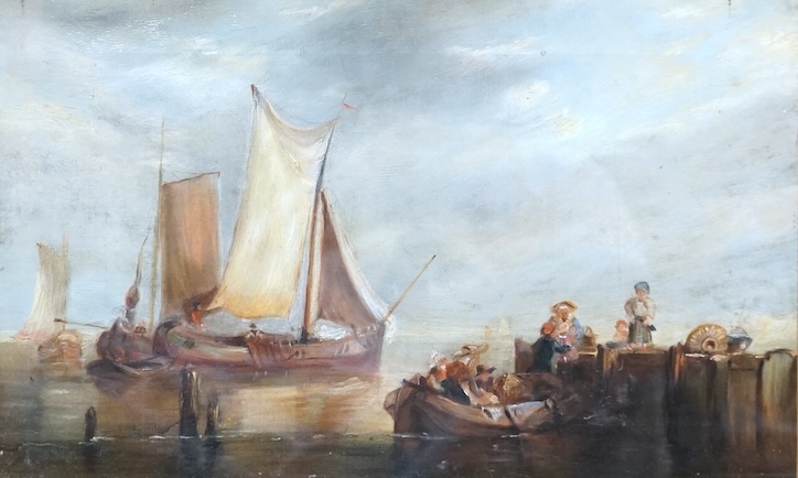 Late 19th century, English School, oil on canvas, Shipping scene with figures, unsigned, 25 x 39cm, ornate gilt frame